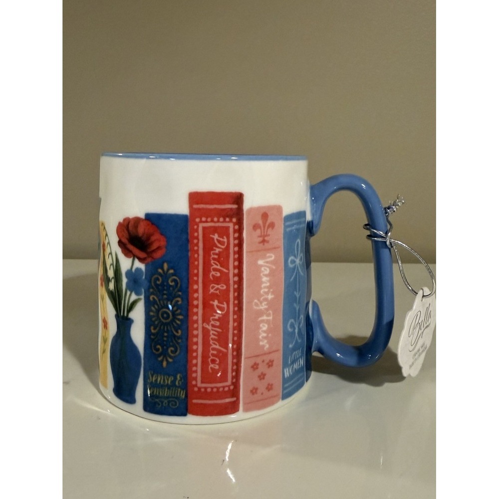 Bella Ceramic Mug Book Lover Floral Literary Design Blue Handle Coffee Tea